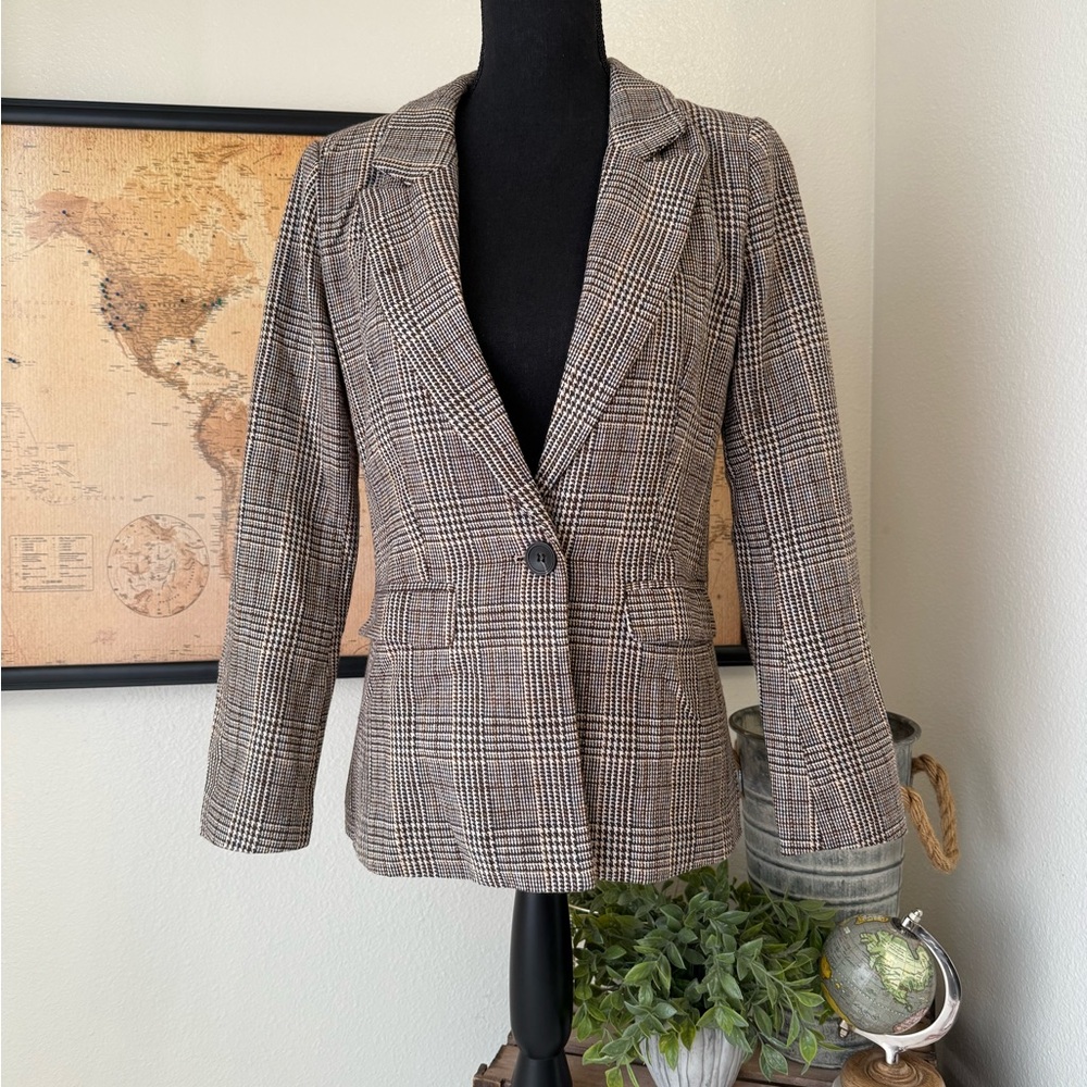 Allegra K Plaid Notched Lapel One Button Houndstooth Blazer Jacket